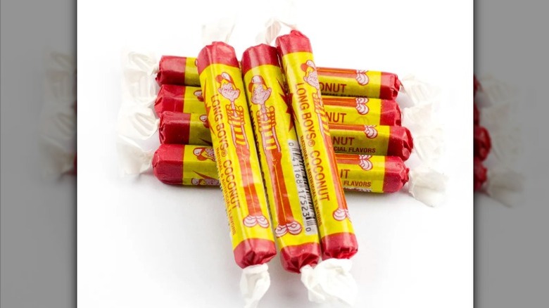 A pile of Long Boy Candy against a white background