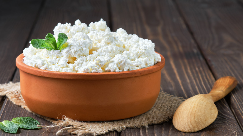 cottage cheese in bowl with spoon