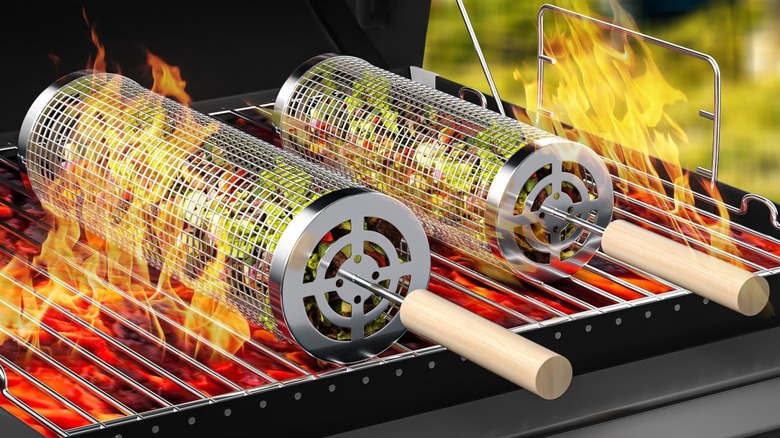 The rolling grilling baskets on the grill