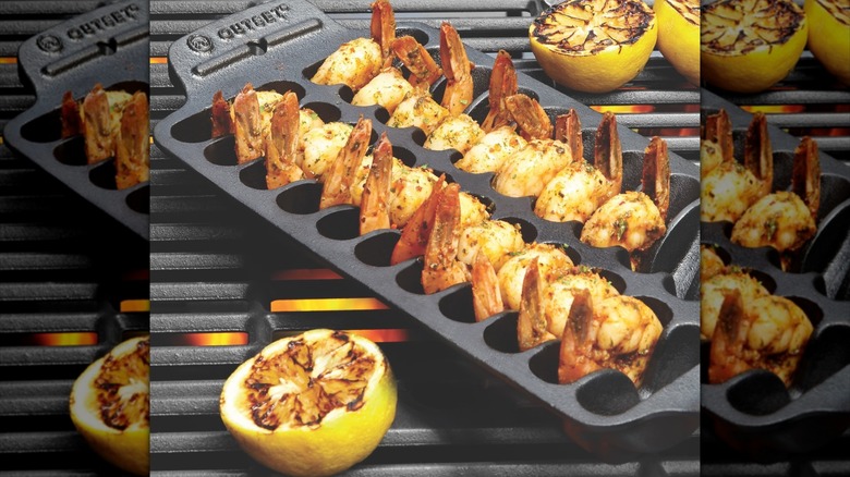 Jumbo shrimp in the Cast Iron Shrimp Grill and Serving Pan