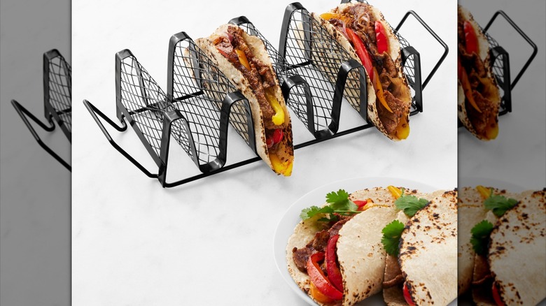 A taco grilling rack propping up tacos