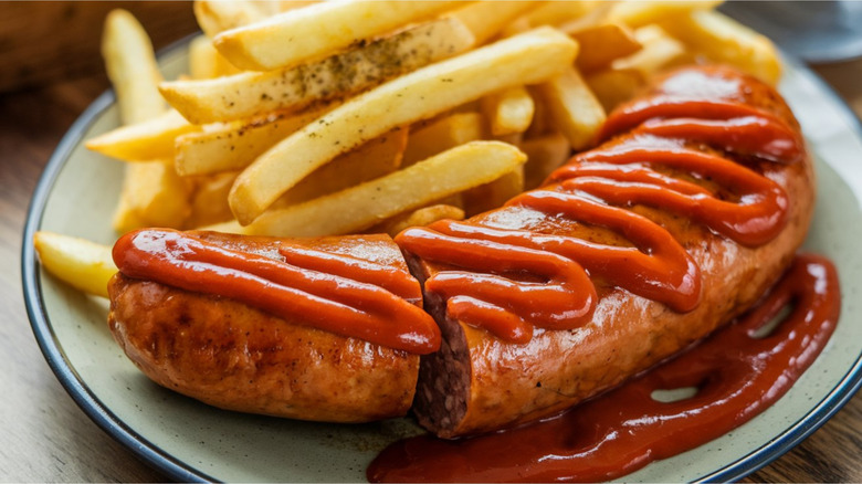 Curry ketchup on a bratwurst next to fries.