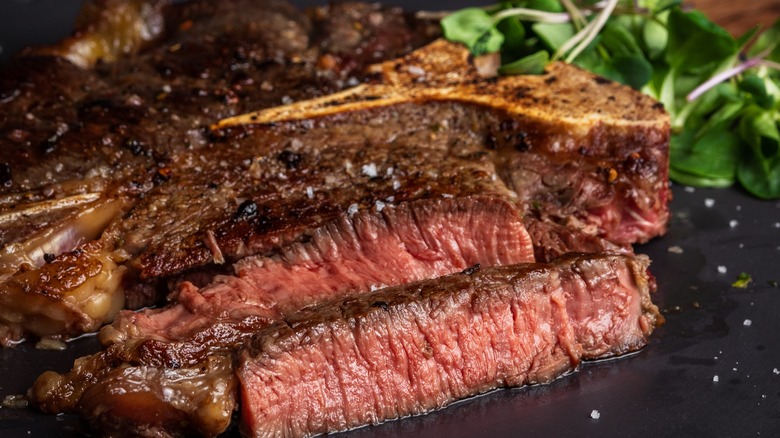 Sliced steak with finishing salt