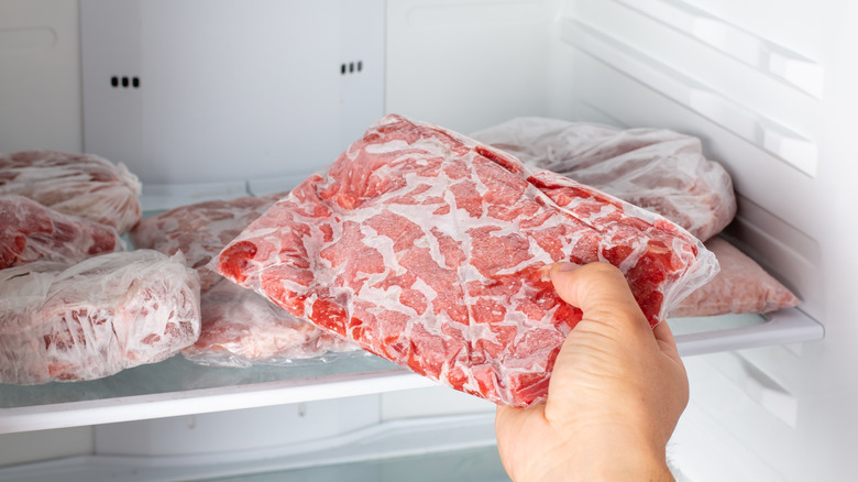 frozen pack of red meat