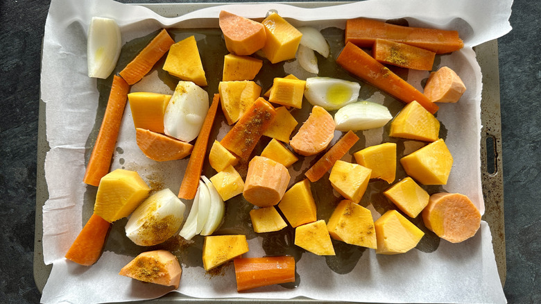 vegetables arranged on a pan