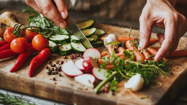 hands chopping vegetables on a cutting board