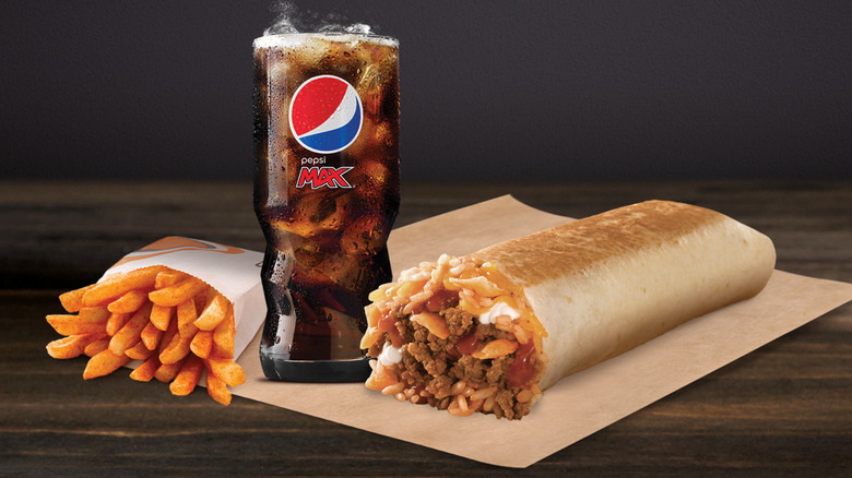 a Volcano Burrito with fries and a Pepsi