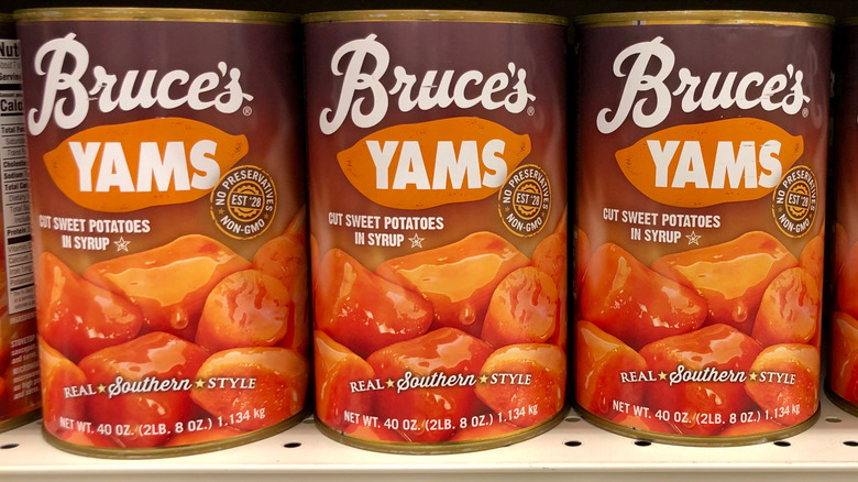 Bruce's Yams cans on a shelf
