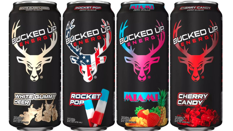 An assortment of Bucked Up energy drinks