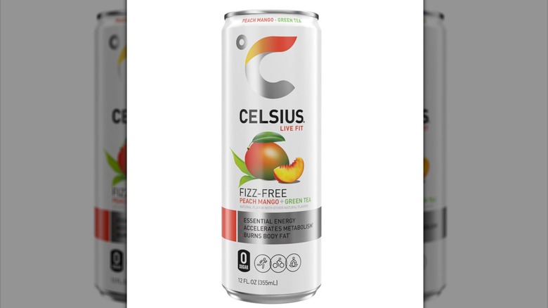 A single can of Celsius Fizz-Free Peach-Mango
