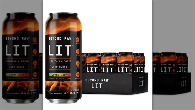 Beyond Raw Lit Gummy Worm energy drink with cardboard packaging