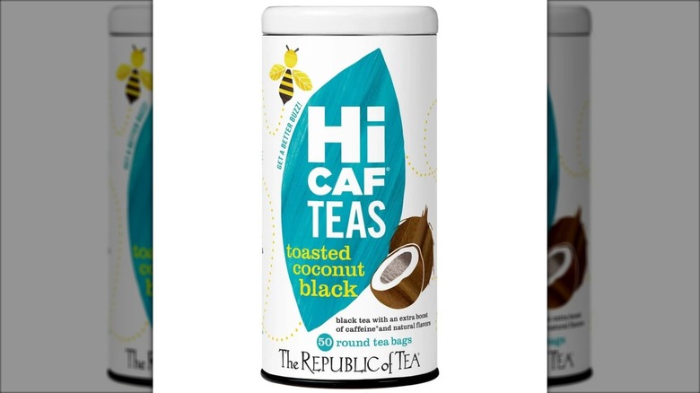 A canister of Republic of Tea's HiCAF® Toasted Coconut Black Tea