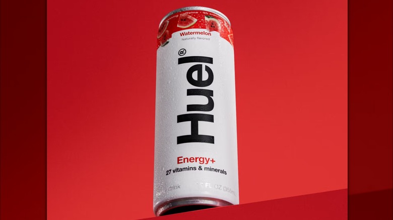 Huel Energy drink watermelon with a red background