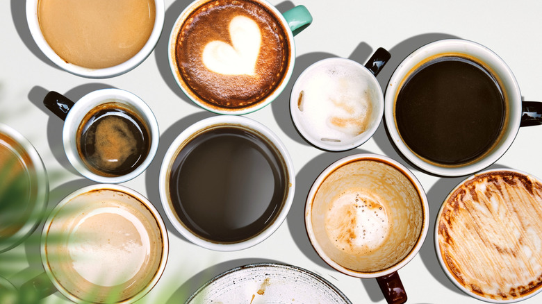A variety of coffees and coffee cups