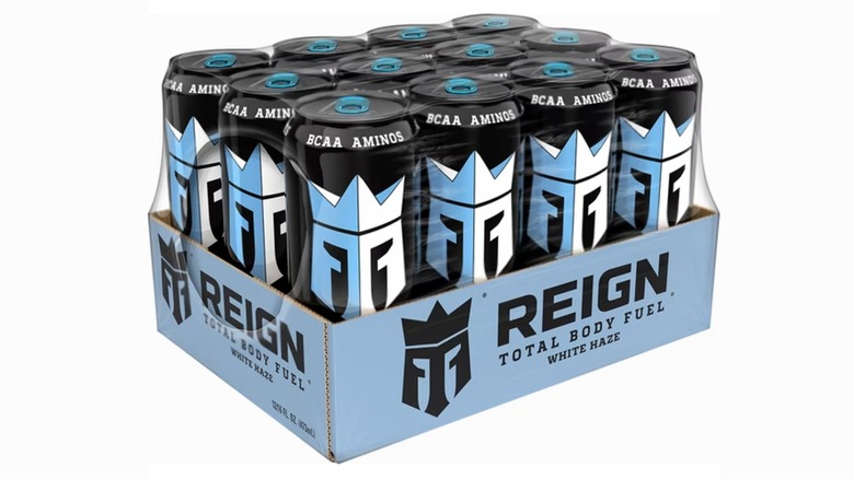 Reign White Haze energy drinks in a cardboard pack