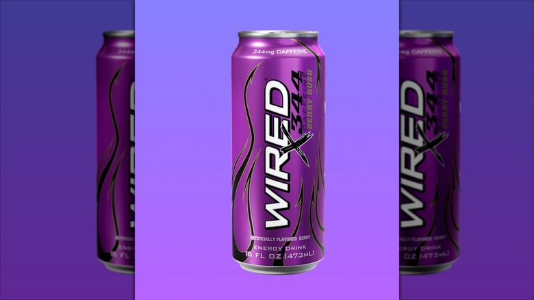 Wired X344 energy drink Berry Rush with a purple background