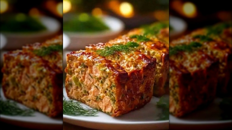 Close up of a salmon loaf with a dill garnish.