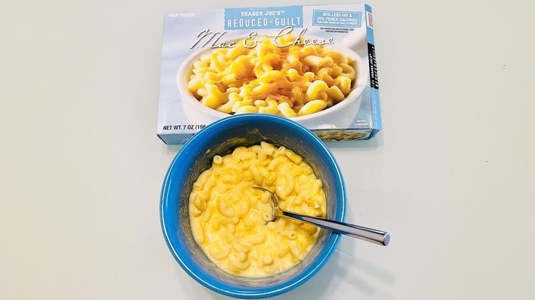 Box of cooked Trader Joe's Reduced Guilt Mac & Cheese