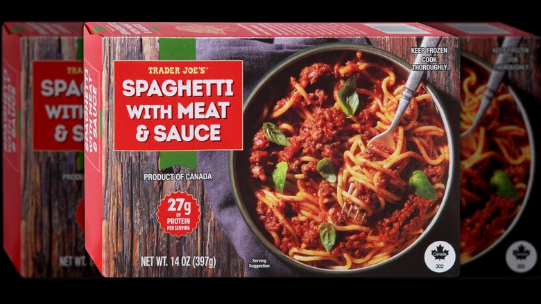 A package of Trader Joe's Spaghetti with Meat & Sauce