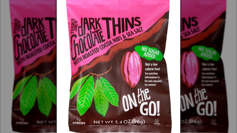 bag of Trader Joe's dark chocolate thins on a white background