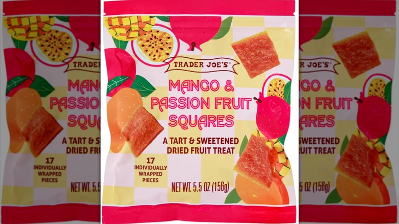 bag of Trader Joe's mango and passion fruit squares on a white background