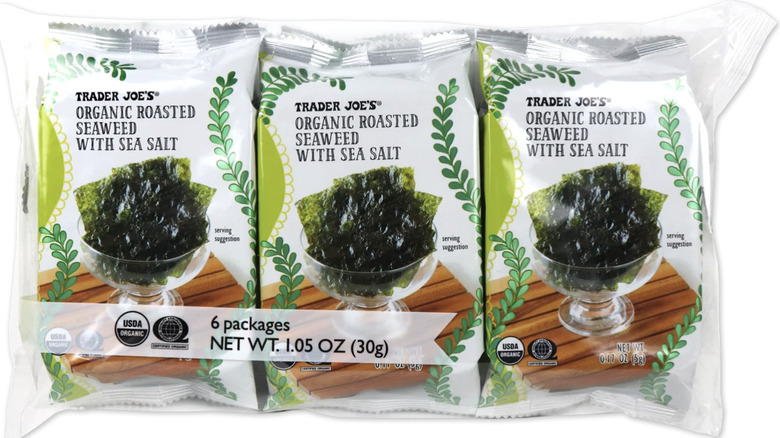 pack of three Trader Joe's organic roasted seaweed snacks on a white background