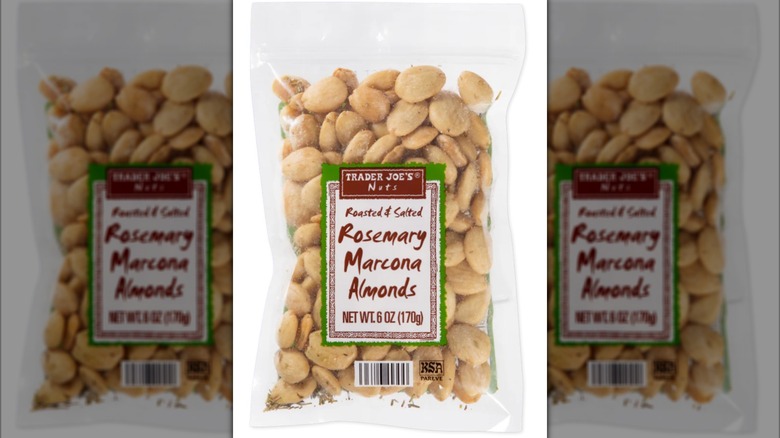 package of Trader Joe's rosemary marcona almonds on a white background