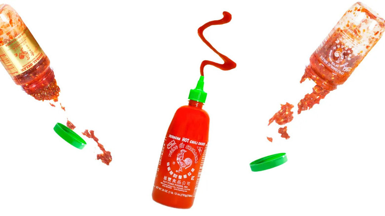 sriracha bottle and spice bottles