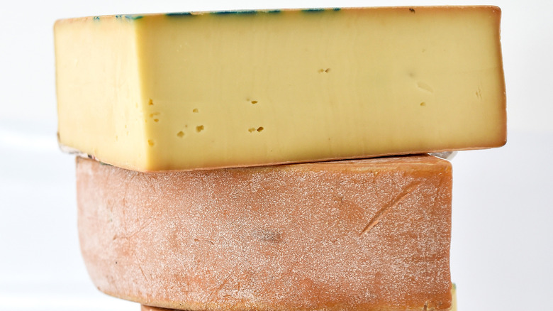 Pieces of Fontina showing rind and interior