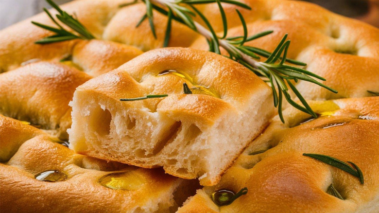 close up of focaccia with rosemary