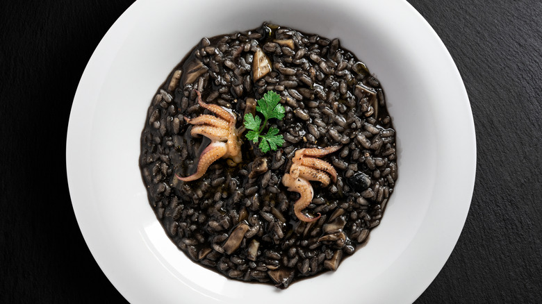 white plate holding black risotto garnished with cuttlefish legs and parsley leaf