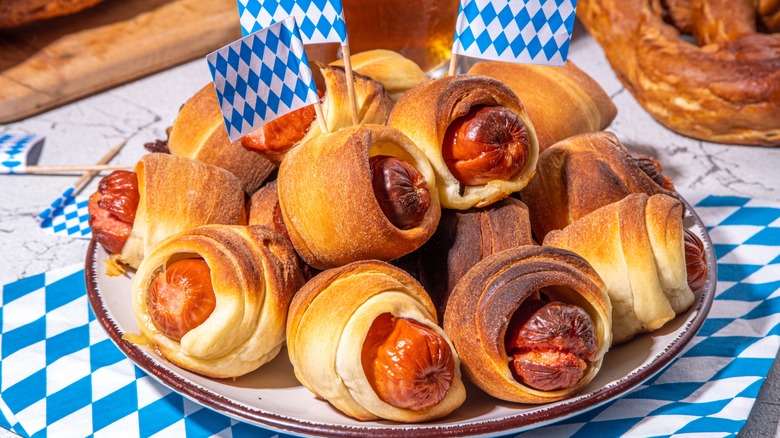 Pigs in a blanket piled up for Oktoberfest