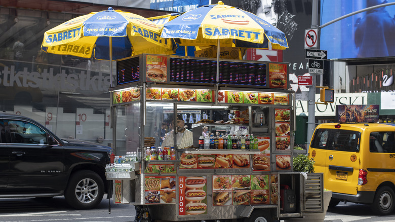 Food cart selling Sabrett hot dogs in Times Square