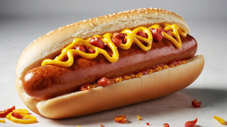 Hot dog on sesame bun with mustard and peppers