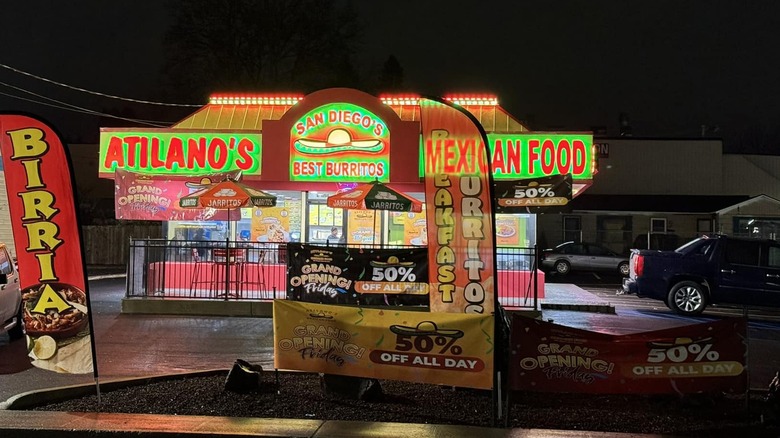 Atilano's restaurant exterior at night