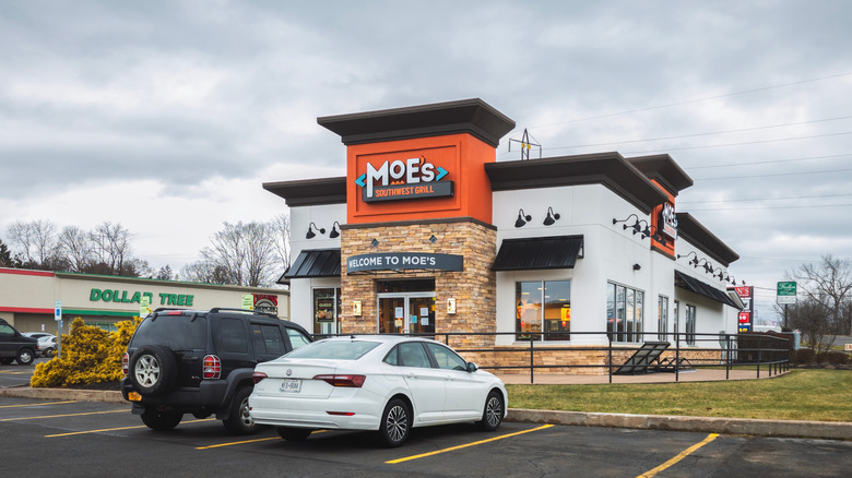 Moe's restaurant from outside on a cloudy day