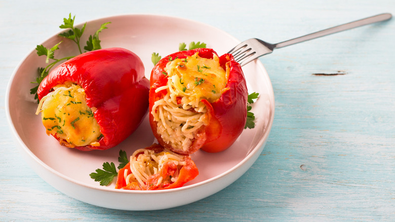 Red bell peppers stuffed with pasta