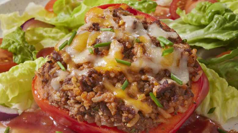 Stuffed pepper piled high with ground meat
