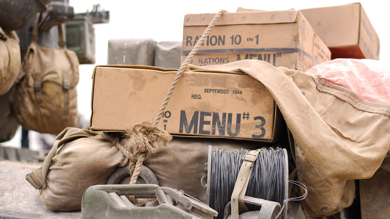 WWII rations tied down for transport with other military supplies