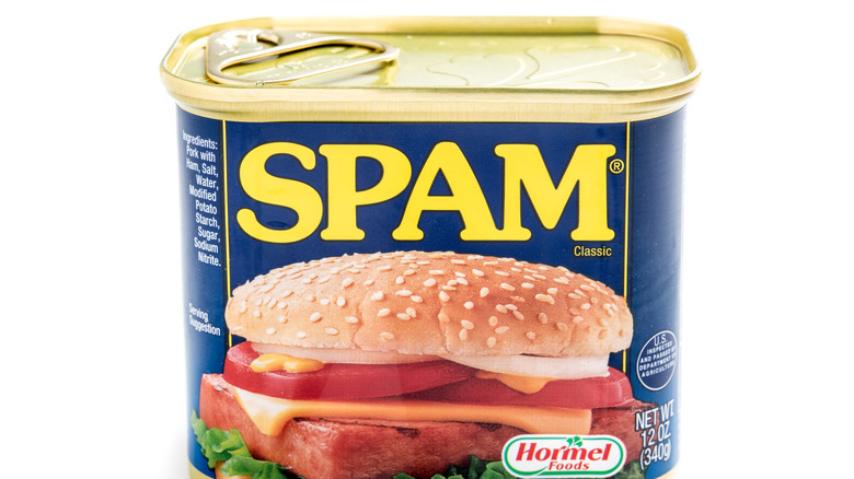 Unopened can of Spam before a white background