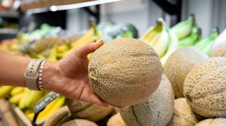 Hand picking up cantaloupe in grocery store