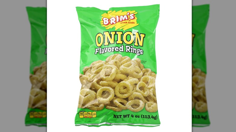 close up of puffed onion rings inside bag