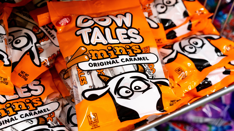 close up of cow tales minis packages on a store shelf