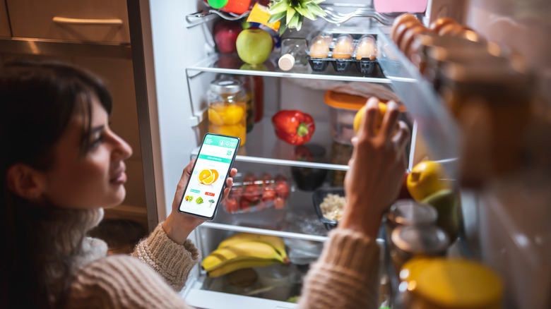 woman looking at phone and refrigerator