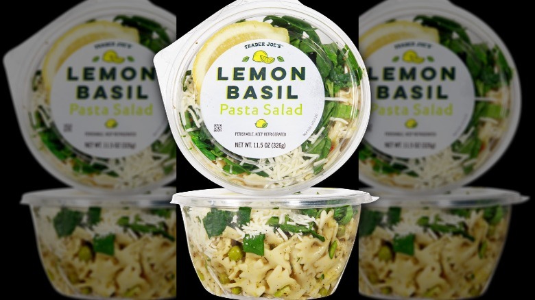 A stacked package of Trader Joe's Lemon Basil Pasta Salad
