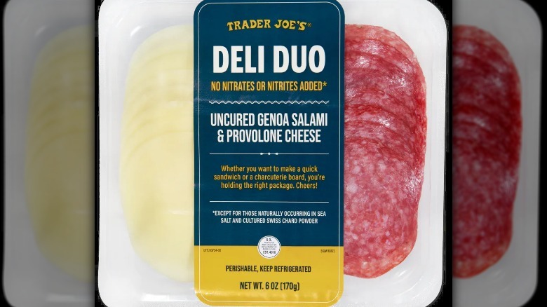 A package of sliced uncured Genoa salami and provolone cheese from Trader Joe's