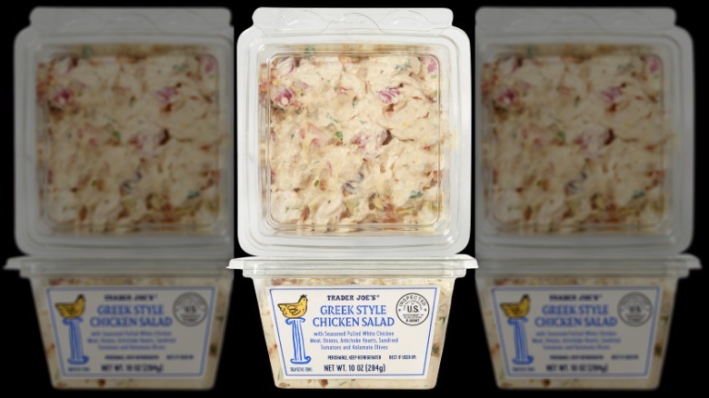 A stacked package of Trader Joe's Greek-Style Chicken Salad