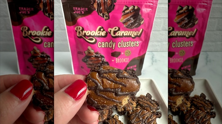 A bag of Trader Joe's Brookie Caramel Candy Clusters with many clusters in a plate