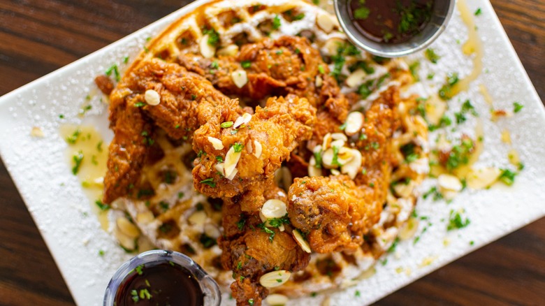 Chicken and waffles with syrup