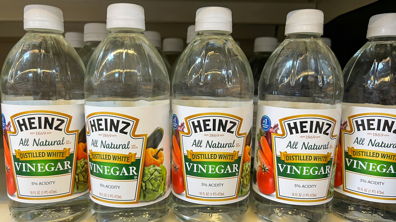 Bottles of Heinz distilled white vinegar on a shelf